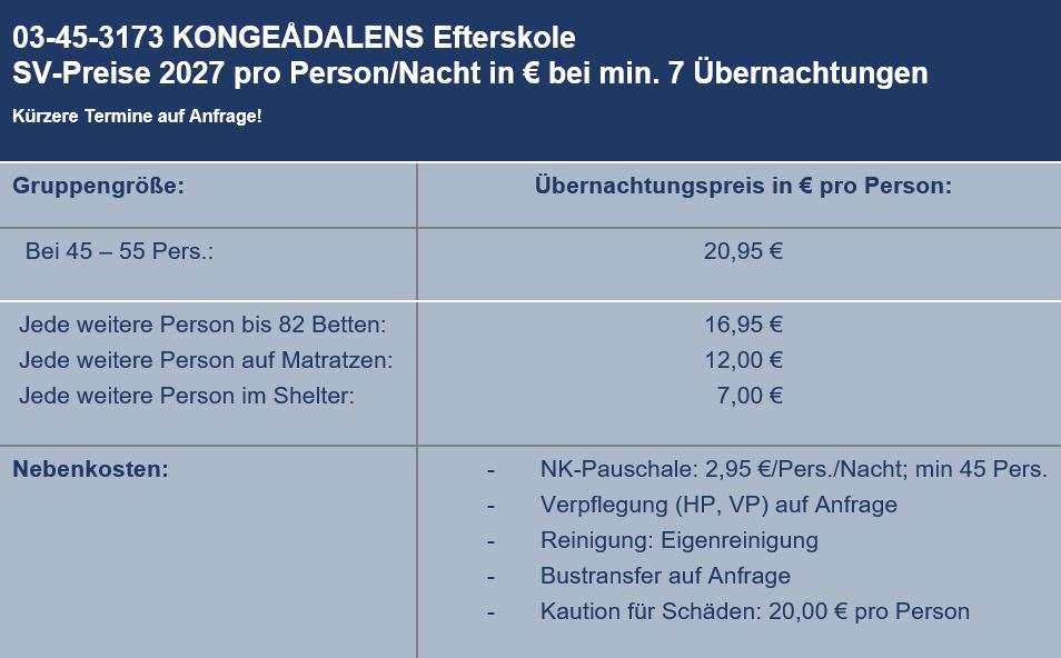 Preisliste vom Gruppenhaus 03453173 KONGEÅDALENS Efterskole in Dänemark 6660 Lintrup f�r Gruppenreisen
