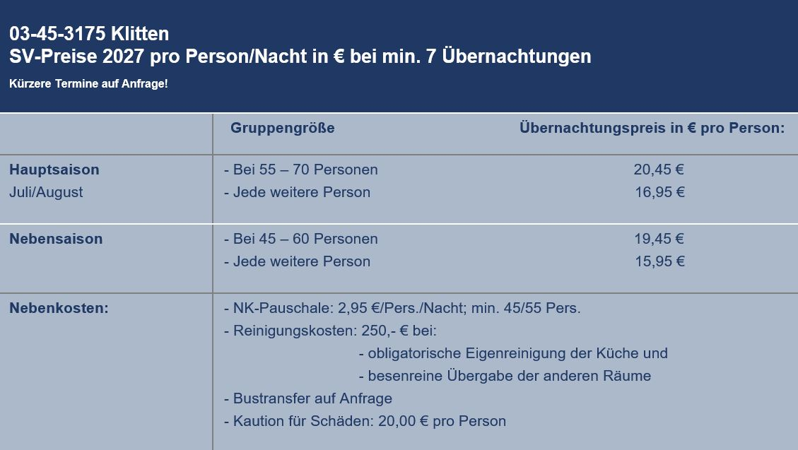 Preisliste vom Gruppenhaus 03453175 Gruppenunterkunft KLITTEN in Dänemark 9300 Saeby f�r Gruppenreisen