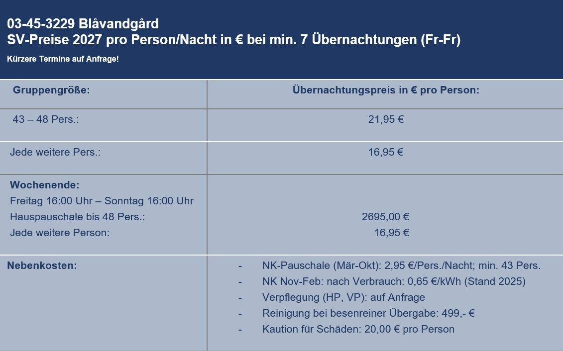 Preisliste vom Gruppenhaus 03453229 Gruppenhaus BLÅVANDGÅRD  in Dänemark 6857 Blavand f�r Gruppenreisen