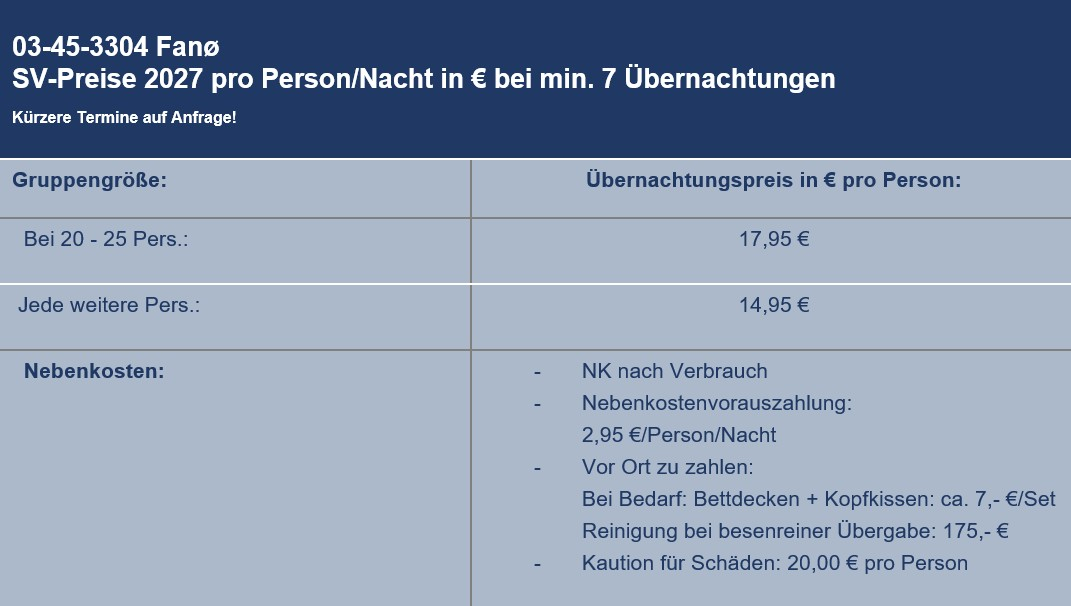 Preisliste vom Gruppenhaus 03453304 Gruppenhaus  FANØ in Dänemark 6720 Fanoe f�r Gruppenreisen
