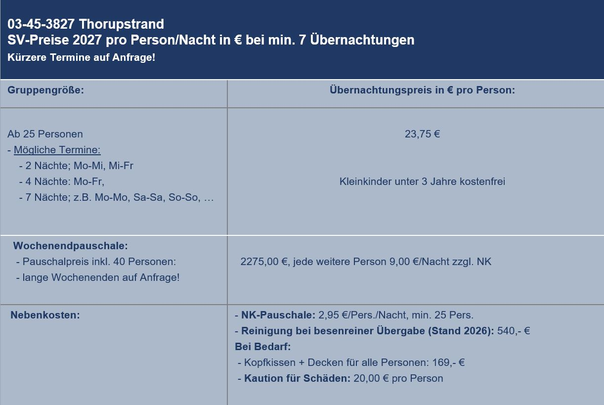 Preisliste vom Gruppenhaus 03453827 KLK-Gruppenhaus THORUPSTRAND in Dänemark 9690 Fjerritslev f&uuml;r Gruppenreisen
