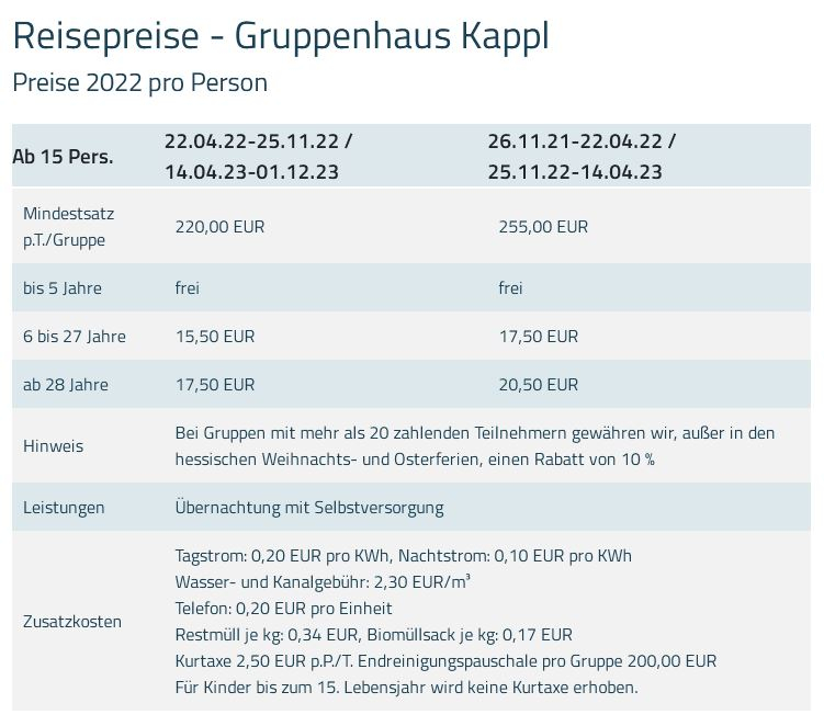 Preisliste vom Gruppenhaus 07437010 Gruppenhaus KAPPL II in Österreich A-6555 Kappl für Gruppenreisen
