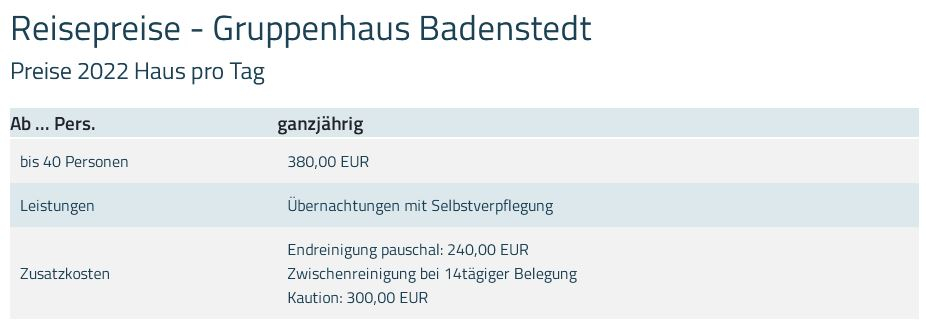 Preisliste vom Gruppenhaus 07497017 Gruppenhaus Badenstedt in Deutschland 27404 Zeven für Gruppenreisen