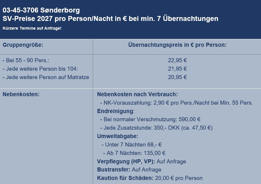 Preisliste vom Gruppenhaus 03453706 Gruppenhaus Sønderborg in Dänemark 6310 Broager für Gruppenreisen