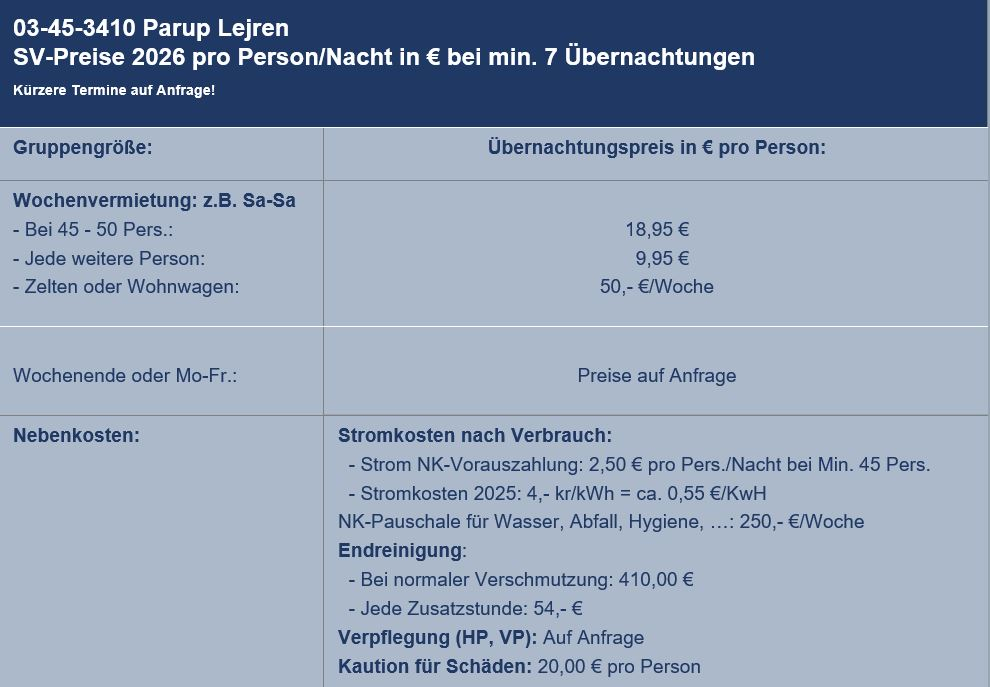 Preisliste vom Gruppenhaus 03453410 Paaruplejren in Dänemark 7442 Engesvang f�r Gruppenreisen