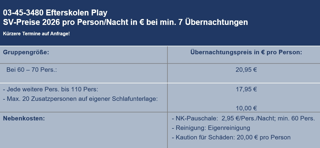 Preisliste vom Gruppenhaus 03453480 Play Efterskole in Dänemark 7200 Grindsted f�r Gruppenreisen